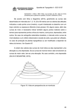 Apostila de Topografia II – ECV 5137
46
representar o relevo. Além disso, ao se fixar um EV, esse se torna
constante para a planta em questão (TULER E SARAIVA, 2014).
De acordo com Silva e Segantine (2015), geralmente as curvas são
desenhadas em intervalos de 1, 5, 10, 25 e 50 metros com os valores das altitudes
indicados a cada quinta curva (mestra), a qual é destacada no desenho com um
traço colorido ou espessura diferente (mais grossa). Em alguns casos, além das
curvas de nível, é necessário indicar também alguns pontos notáveis sobre o
terreno para representar pontos críticos do mesmo, como picos, depressões, entre
outros. No caso da cartografia sistemática brasileira, o intervalo entre curvas de
nível obedece a um critério relacionado à escala da carta, que pode ser utilizado,
no caso de produção de plantas topográficas ou ser modificado a depender do
relevo do terreno. Ver Quadro 07.
A ordem dos valores das curvas de nível indica se elas representam uma
elevação ou uma depressão. Se as curvas de nível de menor valor envolverem as
curvas de maior valor, tem-se uma elevação. No caso contrário, uma depressão
(SILVA E SEGANTINE, 2015).
Figura 15: Vista em perspectiva de um montículo
 