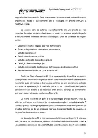 Apostila de Topografia II – ECV 5137
51
longitudinais e transversais. Esse processo de representação é muito utilizado na
engenharia, desde o planejamento até a execução do projeto (TULER E
SARAIVA, 2014).
De acordo com os autores, especificamente em um projeto de vias
(rodovias, ferrovias, etc.) o conhecimento do relevo por meio do estudo de perfis
é de fundamental interesse para sua viabilização. Entre as utilidades do projeto,
temos:
 Escolha do melhor traçado das vias de transporte
 Projetos de gasodutos, eletrodutos, entre outros
 Estudo da drenagem
 Estudo de volumes de jazidas
 Estudo e definição do greide de projeto
 Definição de rampas de projeto
 Estudo de inclinação dos taludes e definição das distâncias de offset
 Estimativas de volumes de corte e aterro, etc.
Conforme Silva e Segantine (2015), a representação do perfil de um terreno
corresponde a representação gráfica de um corte vertical do relevo deste terreno,
mostrando suas elevações e depressões ao longo de um alinhamento definido
sobre ele. A representação é realizada indicando as cotas/altitudes dos pontos
característicos do terreno e as distâncias entre eles e, ao longo do alinhamento,
sobre um plano reticulado, conforme a Figura 18.
De forma resumida um perfil é a representação gráfica das DN, cotas ou
altitudes obtidas em um nivelamento, considerando um plano vertical de visada. É
utilizado quando se deseja representar particularidades de um terreno para fins de
projetos, tratando-se de um processo rigoroso de representação de elevações e
depressões de determinado terreno.
No traçado do perfil, a representação do terreno no desenho é feita por
meio de eixos de coordenadas, onde as distâncias são indicadas sobre o eixo X
(abscissas) do desenho e as cotas/altitudes são indicadas no eixo Y (ordenadas).
 