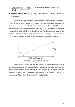 Apostila de Topografia II – ECV 5137
62
 Ângulo vertical zenital (Z): ângulo em relação à vertical zenital do
observador.
O nivelamento trigonométrico é mais rápido que o nivelamento geométrico,
porém é menos exato porque um pequeno erro na medida do ângulo pode
fornecer um erro sensível na DN. O método de acordo com Espartel (1965) baseia-
se na resolução de triângulo retângulo ABC (Figura 21) conhecendo a distância
horizontal da base AB=D e o ângulo vertical “α”. Basicamente através do
conhecimento de um dos catetos (distância horizontal) se procura determinar o
outro cateto (diferença de nível) e para tal mede-se o ângulo entre ambos.
Figura 21: Ângulos vertical e zenital
O método trigonométrico é aplicado quando os pontos a nivelar estão a
grandes distâncias ou em lugares altos e inacessíveis, como por exemplo um
ponto situado no topo de um edifício, de uma torre ou de um morro. Veja um
exemplo da Figura 22, onde devem ser considerados, também, a altura do
instrumento (Ai) e a altura do prisma/bastão (Ap) utilizado.
 