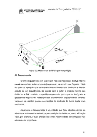 Apostila de Topografia II – ECV 5137
71
Figura 29: Medição de distância por triangulação
5.2 Taqueometria
O termo taqueometria tem sua origem nas palavras gregas takhys (rápido)
e metren (medida). A taqueometria (taquimetria), de acordo com Espartel (1965)
é a parte da topografia que se ocupa da medida indireta das distâncias e das DN
através de um taqueômetro. De acordo com o autor, a medida indireta das
distâncias e DN constituiu um problema que muito preocupou os topógrafos e
geodesistas do passado. Nesta época os levantamentos taqueométricos tinham a
vantagem da rapidez, porque as medidas de distância de forma direta eram
suprimidas.
Atualmente a taqueometria é um método que ficou obsoleto devido ao
advento de instrumentos eletrônicos para medição de distâncias, como a Estação
Total, por exemplo, e suas prática não é mais recomendada para utilização nas
atividades de engenharia.
 