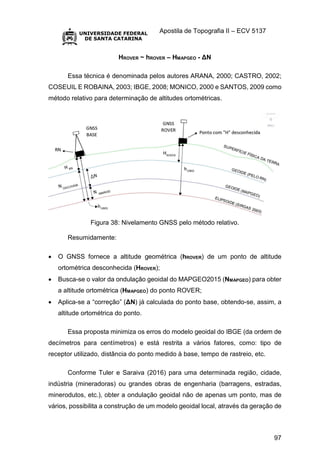 Apostila de Topografia II – ECV 5137
97
HROVER ~ hROVER – HMAPGEO - ΔN
Essa técnica é denominada pelos autores ARANA, 2000; CASTRO, 2002;
COSEUIL E ROBAINA, 2003; IBGE, 2008; MONICO, 2000 e SANTOS, 2009 como
método relativo para determinação de altitudes ortométricas.
Figura 38: Nivelamento GNSS pelo método relativo.
Resumidamente:
 O GNSS fornece a altitude geométrica (hROVER) de um ponto de altitude
ortométrica desconhecida (HROVER);
 Busca-se o valor da ondulação geoidal do MAPGEO2015 (NMAPGEO) para obter
a altitude ortométrica (HMAPGEO) do ponto ROVER;
 Aplica-se a “correção” (ΔN) já calculada do ponto base, obtendo-se, assim, a
altitude ortométrica do ponto.
Essa proposta minimiza os erros do modelo geoidal do IBGE (da ordem de
decímetros para centímetros) e está restrita a vários fatores, como: tipo de
receptor utilizado, distância do ponto medido à base, tempo de rastreio, etc.
Conforme Tuler e Saraiva (2016) para uma determinada região, cidade,
indústria (mineradoras) ou grandes obras de engenharia (barragens, estradas,
minerodutos, etc.), obter a ondulação geoidal não de apenas um ponto, mas de
vários, possibilita a construção de um modelo geoidal local, através da geração de
 