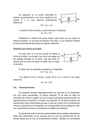 Se estaciona en un punto intermedio E,
visando sucesivamente a una mira situada en los
puntos A y B cuyo desnivel pretendemos
determinar:
ZA
B
= mA – mB
Y la altitud de B se calcula, a partir de la de A, mediante:
ZB = ZA + ZA
B
Empleando el método del punto medio, cada punto que se nivela se
refiere al anterior, no al punto de estación. Por tanto, no es necesario señalar
de forma permanente los puntos de estación utilizados.
Nivelación por el techo de la labor.
En este caso, la Z de los puntos se refiere al
techo de la labor, no al suelo. Las miras se cuelgan de
las señales situadas en el techo. Hay que tener en
cuenta que las miras se sitúan al revés, con el origen
en el techo.
En este caso, la expresión a emplear es la siguiente:
ZA
B
= mB – mA
Y la altitud de B se calcula, a partir de la de A, como en los casos
anteriores:
ZB = ZA + ZA
B
3.4.- Toma de avances.
Se pretende levantar topográficamente los avances de la explotación
con una cierta periodicidad, al menos mensual. Si se trata de tajos de
extracción de mineral y estéril, que van a seguir avanzando posteriormente, los
requerimientos de precisión no suelen muy grandes. Si se trata de labores de
interconexión entre otras labores previas, lo que se conoce como rompimientos
mineros, la precisión en el replanteo y en el seguimiento de los trabajos es vital.
Los rompimientos mineros se estudiarán en detalle más adelante.
Es importante que los técnicos responsables de los trabajos topográficos
estén bien informados de los avances que se han ido produciendo en los
frentes desde que se hizo el levantamiento anterior. También es conveniente
 