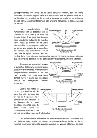 correspondientes del límite de la zona afectada forman, con un plano
horizontal, el llamado ángulo límite. Las rectas que unen los puntos límite de la
explotación con aquellos de la superficie en que se producen los máximos
efectos por desgarramiento forman, con un plano horizontal, el llamado ángulo
de fractura.
Las características del
hundimiento van a depender de la
profundidad de la labor y del valor del
ángulo límite. Si al llevar los ángulos
límite desde los extremos de nuestra
labor hacia el interior de la zona
afectada las rectas correspondientes
se cortan por debajo de la superficie
del terreno, nos encontramos en el
caso de la figura adjunta. En los
bordes de la zona afectada dominan los efectos de desgarramiento, mientras
que en el interior dominan los de compresión y algunos movimientos laterales.
Si las rectas se cortan justo en
la superficie del terreno, se tendrá una
cubeta de hundimiento con efectos de
desgarramiento similares a los del
caso anterior pero con una zona
central mayor y en la que se darán
efectos de compresión menos
acusados.
Cuando las rectas se
cortan por encima de la
superficie del terreno, los
efectos de desgarramiento y
compresión se limitarán a
los bordes de la zona
afectada, mientras que la
zona central sufrirá un
hundimiento uniforme y no
se verá sometida a movimientos laterales.
Las observaciones realizadas en hundimientos mineros confirman que
las deformaciones producidas tienen un comportamiento similar al de un
material deformable sometido a cargas. Aunque los valores obtenidos en cada
Fig. 9.3. Características del
hundimiento (1)
Fig. 9.4. Características del
hundimiento (2)
Fig. 9.5. Características del
hundimiento (3)
 