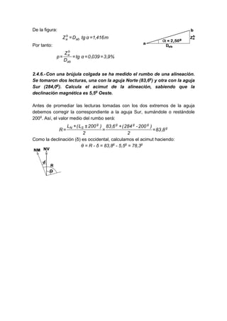 De la figura:
m416,1αtgDZ ab
b
a ==
Por tanto:
%9,3039,0αtg
D
Z
p
ab
b
a
====
2.4.6.-Con una brújula colgada se ha medido el rumbo de una alineación.
Se tomaron dos lecturas, una con la aguja Norte (83,6g
) y otra con la aguja
Sur (284,0g
). Calcula el acimut de la alineación, sabiendo que la
declinación magnética es 5,5g
Oeste.
Antes de promediar las lecturas tomadas con los dos extremos de la aguja
debemos corregir la correspondiente a la aguja Sur, sumándole o restándole
200g
. Así, el valor medio del rumbo será:
g
gggg
SN
8,83
2
)200-284(6,83
2
)200L(L
R =
+
=
±+
=
Como la declinación (δ) es occidental, calculamos el acimut haciendo:
θ = R - δ = 83,8g
- 5,5g
= 78,3g
 