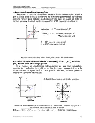 UNIVERSIDAD DE LA SERENA
DEPARTAMENTO INGENIERÍA DE MINAS Topografía para Ingeniería
Waldo Valencia Cuevas – Académico 42
4.2. Azimut de una línea topográfica.
Representa la dirección de una línea respecto al meridiano escogido, se indica
por el ángulo entre la línea y un extremo del meridiano (para trabajos topográficos
extremo Norte y para trabajos geodésicos extremo Sur), el ángulo se mide en
sentido horario y el azimut puede ser geográfico, UTM, magnético o arbitrario.
AzimutA-B = θ “Azimut directo A-B”
AzimutB-A = 2R + θ “Azimut directo B-A”
“Azimut inverso A-B”
R = 90 ̊ sistema sexagesimal.
R = 100g
sistema centesimal.
Figura 21. Dirección A-B del azimut directo, dirección B-A del azimut inverso.
4.3. Determinación de distancia horizontal (DH), rumbo (Rbo) o azimut
(Az) de una línea o base topográfica.
Si se conocen las coordenadas bidimensionales de una base topográfica,
además los cuadrantes topográficos de las funciones trigonométricas y la
convención de los signos de los cuatro puntos cardinales, entonces podemos
obtener los siguientes parámetros:
Δ : Estación topográfica de coordenadas conocidas.
Figura 21A. Base topográfica en el primer cuadrante (IC). Figura 21B. Cuadrantes topográficos y
sus funciones trigonométricas S: Seno, C: Coseno.
DHA-B = 22
BABA XY −− Δ+Δ = 22
)()( ABAB XXYY −+− Distancia HorizontalA-B.
 