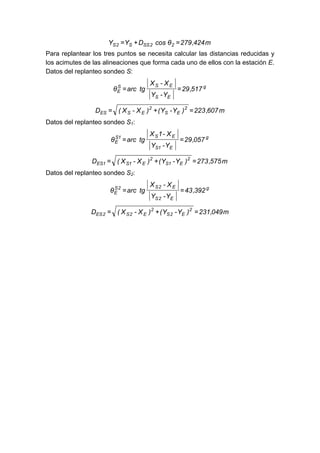 m
424
,
279
θ
cos
D
Y
Y 2
2
SS
S
2
S =
+
=
Para replantear los tres puntos se necesita calcular las distancias reducidas y
los acimutes de las alineaciones que forma cada uno de ellos con la estación E.
Datos del replanteo sondeo S:
g
E
S
E
S
S
E 517
,
29
Y
-
Y
X
-
X
tg
arc
θ =
=
m
607
,
223
)
Y
-
Y
(
)
X
-
X
(
D 2
E
S
2
E
S
ES =
+
=
Datos del replanteo sondeo S1:
g
E
1
S
E
S
1
S
E 057
,
29
Y
-
Y
X
-
1
X
tg
arc
θ =
=
m
575
,
273
)
Y
-
Y
(
)
X
-
X
(
D 2
E
1
S
2
E
1
S
1
ES =
+
=
Datos del replanteo sondeo S2:
g
E
2
S
E
2
S
2
S
E 392
,
43
Y
-
Y
X
-
X
tg
arc
θ =
=
m
049
,
231
)
Y
-
Y
(
)
X
-
X
(
D 2
E
2
S
2
E
2
S
2
ES =
+
=
 