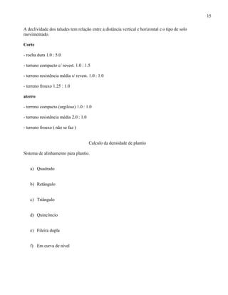 15

A declividade dos taludes tem relação entre a distância vertical e horizontal e o tipo de solo
movimentado.

Corte

- rocha dura 1.0 : 5.0

- terreno compacto c/ revest. 1.0 : 1.5

- terreno resistência média s/ revest. 1.0 : 1.0

- terreno frouxo 1.25 : 1.0

aterro

- terreno compacto (argiloso) 1.0 : 1.0

- terreno resistência média 2.0 : 1.0

- terreno frouxo ( não se faz )


                                        Calculo da densidade de plantio

Sistema de alinhamento para plantio.


    a) Quadrado


    b) Retângulo


    c) Triângulo


    d) Quincôncio


    e) Fileira dupla


    f) Em curva de nível
 