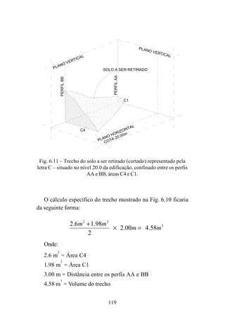 119
O cálculo específico do trecho mostrado na Fig. 6.10 ficaria
da seguinte forma:
3
22
58.400.2
2
98.16.2
mm
mm
=×
+
Onde:
2.6 m
2
= Área C4
1.98 m
2
= Área C1
3.00 m = Distância entre os perfis AA e BB
4.58 m
3
= Volume do trecho
Fig. 6.11 – Trecho do solo a ser retirado (cortado) representado pela
letra C – situado no nível 20.0 da edificação, confinado entre os perfis
AA e BB, áreas C4 e C1.
PLANO VERTICAL
PERFILAA
PERFILBB
C1
COTA 20.00m
PLANO HORIZONTAL
C4
SOLO A SER RETIRADO
PLANO VERTICAL
 