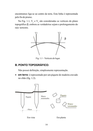14
encontramos liga-se ao centro da terra. Esta linha é representada
pelo fio de prumo.
Na Fig. 1.1, V1
e V2
são consideradas as verticais do plano
topográfico β, embora as verdadeiras sejam o prolongamento do
raio terrestre.
V1 V2
Fig. 1.1 – Verticais do lugar.
B. PONTO TOPOGRÁFICO:
Não possui definição, simplesmente representação.
• em terra: é representado por um piquete de madeira cravado
no chão (fig. 1.2).
testemunho
~50cm
Piquete Marco Piquete
Marco
testemunho
Em vista Em planta
β
 