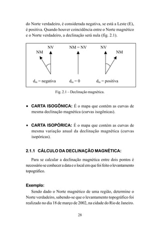 28
do Norte verdadeiro, é considerada negativa, se está a Leste (E),
é positiva. Quando houver coincidência entre o Norte magnético
e o Norte verdadeiro, a declinação será nula (fig. 2.1).
NV NM = NV NV
NM NM
dm = negativa dm = 0 dm = positiva
Fig. 2.1 – Declinação magnética.
••••• CARTA ISOGÔNICA: É o mapa que contém as curvas de
mesma declinação magnética (curvas isogônicas).
• CARTA ISOPÓRICA: É o mapa que contém as curvas de
mesma variação anual da declinação magnética (curvas
isopóricas).
2.1.1 CÁLCULO DA DECLINAÇÃO MAGNÉTICA:
Para se calcular a declinação magnética entre dois pontos é
necessárioseconheceradataeolocalemquefoifeitoolevantamento
topográfico.
Exemplo:
Sendo dado o Norte magnético de uma região, determine o
Norte verdadeiro, sabendo-se que o levantamento topográfico foi
realizado no dia 18 de março de 2002, na cidade do Rio de Janeiro.
 