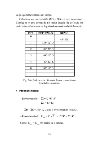 34
da poligonal levantados em campo.
Calcula-se o erro cometido (ΣD – ΣE) e o erro admissível.
Corrige-se o erro cometido no maior ângulo de deflexão da
caderneta e calculam-se os ângulos de rumo de cada alinhamento.
EST. DEFLEXÃO RUMO
0
45º NE
1 138º 12’ D
2 86º 28’ D
3 68º 16’ D
4 13º 12’ E
0 80º 18’ D
1
Fig. 2.6 – Caderneta de cálculo de Rumo, com os dados
levantados em campo.
••••• Preenchimento:
– Erro cometido: ΣD = 373º 14’
ΣE = 13º 12’
ΣD – ΣE = 360º 02’, logo o erro cometido foi de 2’.
– Erro admissível: Eadm
= 1’ √ 5 = 2,24’ = 2’ 14”
Como Ecom
< Eadm
⇒ aceita–se o serviço.
 