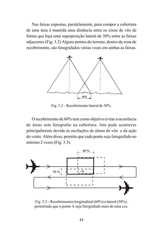 44
Nas faixas expostas, paralelamente, para compor a cobertura
de uma área é mantida uma distância entre os eixos de vôo de
forma que haja uma superposição lateral de 30% entre as faixas
adjacentes (Fig. 3.2) Alguns pontos do terreno, dentro da zona de
recobrimento, são fotografados várias vezes em ambas as faixas.
Fig. 3.2 – Recobrimento lateral de 30%.
O recobrimento de 60% tem como objetivo evitar a ocorrência
de áreas sem fotografar na cobertura. Isto pode acontecer
principalmente devido às oscilações de altura do vôo e da ação
do vento. Além disso, permite que cada ponto seja fotografado no
mínimo 2 vezes (Fig. 3.3).
A
Fig. 3.3 – Recobrimentos longitudinal (60%) e lateral (30%),
permitindo que o ponto A seja fotografado mais de uma vez.
 