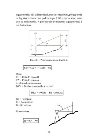 68
taqueométrico não utiliza o nível, mas sim o teodolito, porque mede
os ângulos verticais para poder chegar à diferença de nível entre
dois ou mais pontos. A precisão do nivelamento taqueométrico é
em decímetros.
α
Fig. 4.14 – Posicionamento do ângulo α.
CB = CA + i + DRV - fm
Onde:
CB = Cota do ponto B
CA = Cota do ponto A
i = altura do instrumento
DRV = Distância reduzida à vertical
DRV = 100(Fs – Fi) ½ sen 2α
Fm = fio médio
Fs = fio superior
Fi = fio inferior
Valores de α:
α = 90º – AV
 