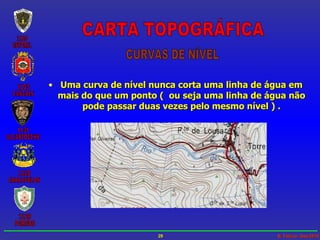 Uma curva de nível nunca corta uma linha de água em mais do que um ponto (  ou seja uma linha de água não pode passar duas vezes pelo mesmo nível ) . CARTA TOPOGRÁFICA CURVAS DE NÍVEL 