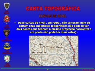 Duas curvas de nível , em regra , não se tocam nem se cortam (nas superfícies topográficas não pode haver dois pontos que tenham a mesma projecção horizontal e um ponto não pode ter duas cotas) . CARTA TOPOGRÁFICA CURVAS DE NÍVEL 