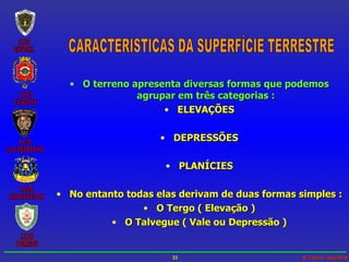 CARACTERISTICAS DA SUPERFÍCIE TERRESTRE O terreno apresenta diversas formas que podemos agrupar em três categorias : ELEVAÇÕES DEPRESSÕES PLANÍCIES No entanto todas elas derivam de duas formas simples : O Tergo ( Elevação ) O Talvegue ( Vale ou Depressão ) 