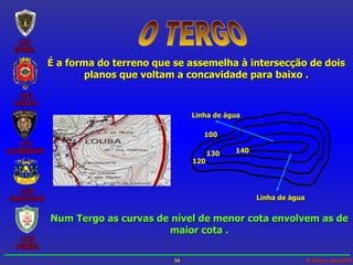 O TERGO É a forma do terreno que se assemelha à intersecção de dois planos que voltam a concavidade para baixo . Num Tergo as curvas de nível de menor cota envolvem as de maior cota . 100 120 130 140 Linha de água Linha de água 