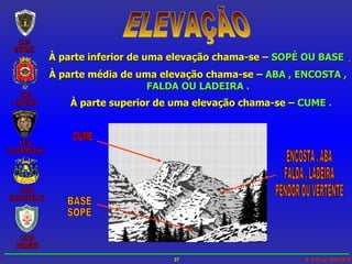 ELEVAÇÃO À parte inferior de uma elevação chama-se –   SOPÉ OU BASE  . À parte média de uma elevação chama-se –   ABA , ENCOSTA , FALDA OU LADEIRA . À parte superior de uma elevação chama-se –   CUME . CUME ENCOSTA , ABA FALDA , LADEIRA PENDOR OU VERTENTE BASE SOPÉ 
