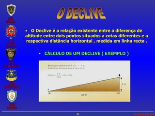 O DECLIVE O Declive é a relação existente entre a diferença de altitude entre dois pontos situados a cotas diferentes e a respectiva distância horizontal , medida em linha recta . CÁLCULO DE UM DECLIVE ( EXEMPLO ) 