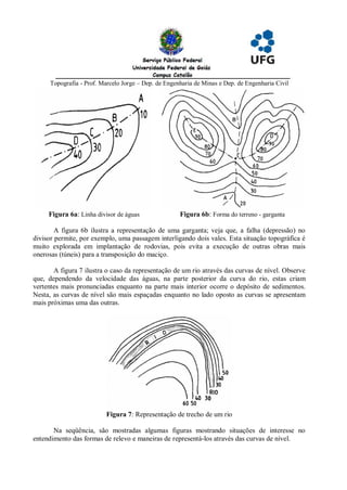 Topografia - Prof. Marcelo Jorge – Dep. de Engenharia de Minas e Dep. de Engenharia Civil




     Figura 6a: Linha divisor de águas                Figura 6b: Forma do terreno - garganta

        A figura 6b ilustra a representação de uma garganta; veja que, a falha (depressão) no
divisor permite, por exemplo, uma passagem interligando dois vales. Esta situação topográfica é
muito explorada em implantação de rodovias, pois evita a execução de outras obras mais
onerosas (túneis) para a transposição do maciço.

       A figura 7 ilustra o caso da representação de um rio através das curvas de nível. Observe
que, dependendo da velocidade das águas, na parte posterior da curva do rio, estas criam
vertentes mais pronunciadas enquanto na parte mais interior ocorre o depósito de sedimentos.
Nesta, as curvas de nível são mais espaçadas enquanto no lado oposto as curvas se apresentam
mais próximas uma das outras.




                          Figura 7: Representação de trecho de um rio

       Na seqüência, são mostradas algumas figuras mostrando situações de interesse no
entendimento das formas de relevo e maneiras de representá-los através das curvas de nível.
 