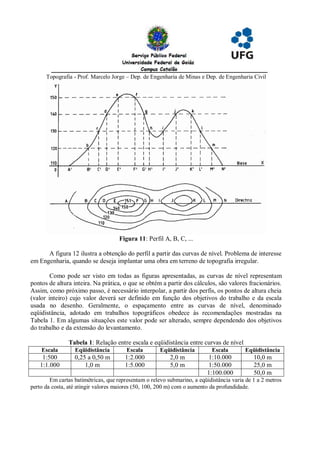 Topografia - Prof. Marcelo Jorge – Dep. de Engenharia de Minas e Dep. de Engenharia Civil




                                     Figura 11: Perfil A, B, C, ...

      A figura 12 ilustra a obtenção do perfil a partir das curvas de nível. Problema de interesse
em Engenharia, quando se deseja implantar uma obra em terreno de topografia irregular.

        Como pode ser visto em todas as figuras apresentadas, as curvas de nível representam
pontos de altura inteira. Na prática, o que se obtém a partir dos cálculos, são valores fracionários.
Assim, como próximo passo, é necessário interpolar, a partir dos perfis, os pontos de altura cheia
(valor inteiro) cujo valor deverá ser definido em função dos objetivos do trabalho e da escala
usada no desenho. Geralmente, o espaçamento entre as curvas de nível, denominado
eqüidistância, adotado em trabalhos topográficos obedece às recomendações mostradas na
Tabela 1. Em algumas situações este valor pode ser alterado, sempre dependendo dos objetivos
do trabalho e da extensão do levantamento.

               Tabela 1: Relação entre escala e eqüidistância entre curvas de nível
    Escala        Eqüidistância         Escala        Eqüidistância        Escala        Eqüidistância
    1:500         0,25 a 0,50 m        1:2.000            2,0 m          1:10.000            10,0 m
   1:1.000            1,0 m            1:5.000            5,0 m          1:50.000            25,0 m
                                                                         1:100.000           50,0 m
        Em cartas batimétricas, que representam o relevo submarino, a eqüidistância varia de 1 a 2 metros
perto da costa, até atingir valores maiores (50, 100, 200 m) com o aumento da profundidade.
 