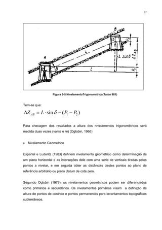 17
Figura 5-5 NivelamentoTrigonométrico(Taton 981)
Tem-se que:
)(sin 21 PPLZAB −−⋅=∆ δ
Para checagem dos resultados a altura dos nivelamentos trigonométricos será
medida duas vezes (vante e ré) (Oglobin, 1966)
• Nivelamento Geométrico
Espartel e Luderitz (1983) definem nivelamento geométrico como determinação de
um plano horizontal e as interseções dele com uma série de verticais tiradas pelos
pontos a nivelar, e em seguida obter as distâncias destes pontos ao plano de
referência arbitrário ou plano datum de cota zero.
Segundo Oglobin (1979), os nivelamentos geométricos podem ser diferenciados
como primários e secundários. Os nivelamentos primários visam a definição de
altura de pontos de controle e pontos permanentes para levantamentos topográficos
subterrâneos.
 