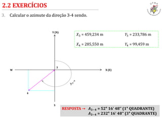 3. Calcular o azimute da direção 3-4 sendo.
2.2 EXERCÍCIOS
3
4
Y (N)
X (E)W
S
𝑋3 = 459,234 m 𝑌3 = 233,786 m
𝑋4 = 285,550 m 𝑌4 = 99,459 m
RESPOSTA → 𝑨 𝟑−𝟒 = 52° 16’ 48’’ (1° QUADRANTE)
𝑨 𝟑−𝟒 = 232° 16’ 48’’ (3° QUADRANTE)
 