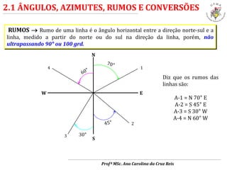 2.1 ÂNGULOS, AZIMUTES, RUMOS E CONVERSÕES
Profª MSc. Ana Carolina da Cruz Reis
RUMOS  Rumo de uma linha é o ângulo horizontal entre a direção norte-sul e a
linha, medido a partir do norte ou do sul na direção da linha, porém, não
ultrapassando 90° ou 100 grd.
N
S
EW
30°
Diz que os rumos das
linhas são:
A-1 = N 70° E
A-2 = S 45° E
A-3 = S 30° W
A-4 = N 60° W
1
2
3
4
 