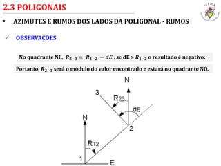  AZIMUTES E RUMOS DOS LADOS DA POLIGONAL - RUMOS
2.3 POLIGONAIS
 OBSERVAÇÕES
No quadrante NE, 𝑹 𝟐−𝟑 = 𝑹 𝟏−𝟐 − 𝒅𝑬 , se dE > 𝑹 𝟏−𝟐 o resultado é negativo;
Portanto, 𝑹 𝟐−𝟑 será o módulo do valor encontrado e estará no quadrante NO.
 
