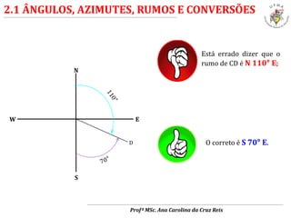 2.1 ÂNGULOS, AZIMUTES, RUMOS E CONVERSÕES
Profª MSc. Ana Carolina da Cruz Reis
N
S
EW
D
Está errado dizer que o
rumo de CD é N 110° E;
O correto é S 70° E.
 