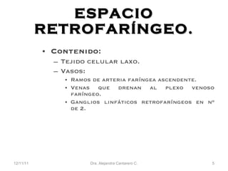 ESPACIO RETROFAR ÍNGEO. Contenido: Tejido celular laxo. Vasos: Ramos de arteria faríngea ascendente. Venas que drenan al plexo venoso faríngeo. Ganglios linfáticos retrofaríngeos en nº de 2. 12/11/11 Dra. Alejandra Cantarero C. 