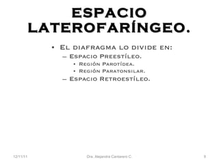 ESPACIO LATEROFAR ÍNGEO. El diafragma lo divide en: Espacio Preest íleo. Región Parotídea. Región Paratonsilar. Espacio Retroestíleo. 12/11/11 Dra. Alejandra Cantarero C. 