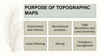 Government
and Industry
Recreational
purposes
Legal
Boundaries and
Land ownership
Urban Planning Mining
Emergency
management
PURPOSE OF TOPOGRAPHIC
MAPS
 