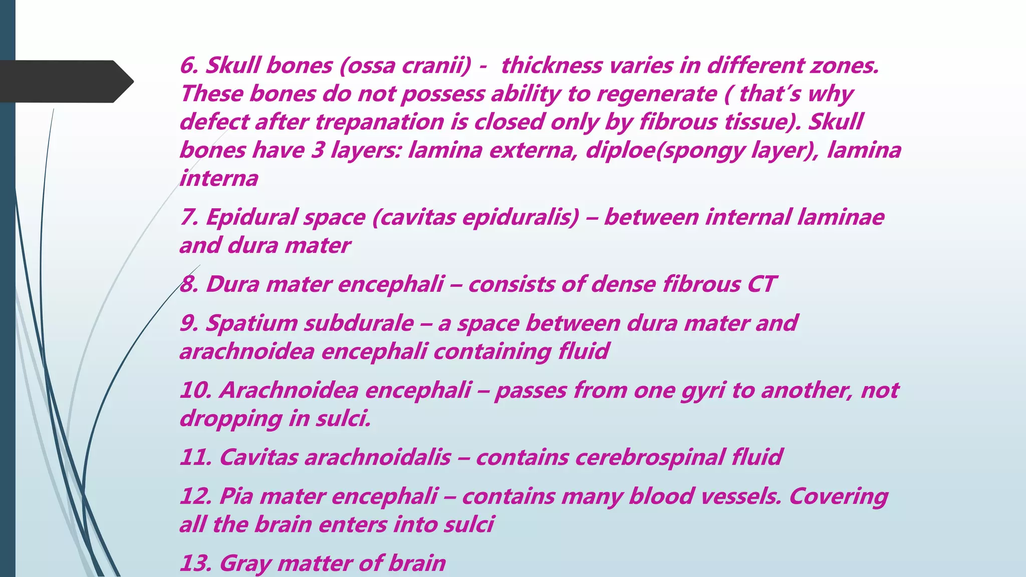 6. Skull bones (ossa cranii) - thickness varies in different zones.
These bones do not possess ability to regenerate ( that’s why
defect after trepanation is closed only by fibrous tissue). Skull
bones have 3 layers: lamina externa, diploe(spongy layer), lamina
interna
7. Epidural space (cavitas epiduralis) – between internal laminae
and dura mater
8. Dura mater encephali – consists of dense fibrous CT
9. Spatium subdurale – a space between dura mater and
arachnoidea encephali containing fluid
10. Arachnoidea encephali – passes from one gyri to another, not
dropping in sulci.
11. Cavitas arachnoidalis – contains cerebrospinal fluid
12. Pia mater encephali – contains many blood vessels. Covering
all the brain enters into sulci
13. Gray matter of brain
 