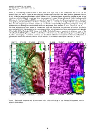 Journal of Environment and Earth Science                                                                    www.iiste.org
ISSN 2224-3216 (Paper) ISSN 2225-0948 (Online)
Vol 2, No.8, 2012

means of characterising fracture systems in these areas over large scale. In the southwestern part of Al Ain, the
geological fracture trends (Figure 2a) are commonly northwestern-southeastern and north northeast parallel to the fold
axis of the Hafeet Mountain (Woodward and Al Sharhan 1994). The faulted blocks are dipping from Zakher and Neima
(north) toward Ain Al Fayda (south) and from Mubazzarh (east) toward Neima and Ain Al Fayda (southwest) with
difference in elevation of 30m and 100 m respectively (Figure 3). Flow direction, flow accumulation, slope direction,
slope gradient, relief and thickness of shallow alluvial aquifer, and hence the level of groundwater are controlled by
these two sets of geological fractures (Figure 2). This result is supported by the previous geophysical survey and
borehole records (Hunting 1979, Hamdan and Bahr 1992, Garamoon 1996, Murad et al. 2010, Murad et al. 2012).
The flow accumulation zones, rising of groundwater level and abnormally high discharge of springs are closely
associated with highly fractured intensive fracturing controlling upward transport of deep-seated groundwater (Kerrich
1986, Lukin 1987, Florinsky 2000, Murad et al. 2012). Geological fractures represent the disclosed zone of the
subsurface faulted folding blocks, which is evident from boreholes (Murad el al. 2012) and topographic profiles (Figure
3). These features play a vital role in carbonate rock dissolution and increase concentration of anionic and cationic in
groundwater as indicated from the dominant and the presence of bicarbonate and sulphate (Murad et al. 2012).




Figure 2. Geological lineaments and (b) topographic relief extracted from DEM. rose diagram highlights the trends of
geological lineaments




                                                           4
 