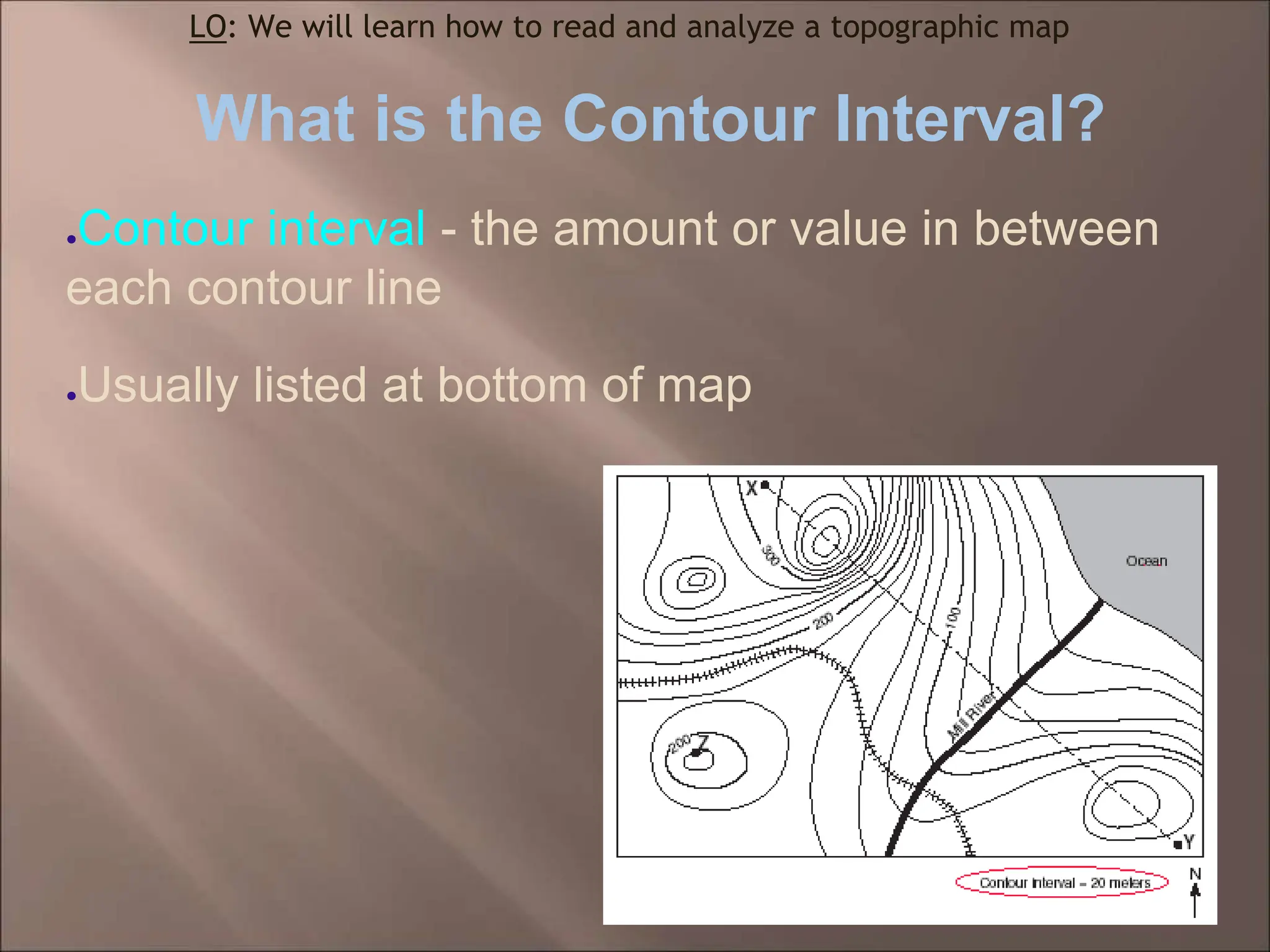 What is the Contour Interval?
●Contour interval - the amount or value in between
each contour line
●Usually listed at bottom of map
LO: We will learn how to read and analyze a topographic map
 