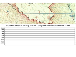 The contour interval of this map is 40 feet. Every index contour would then be 200 feet.
8000
7800
7600
7400
7200
7000
6800
6600
6400
A B
 