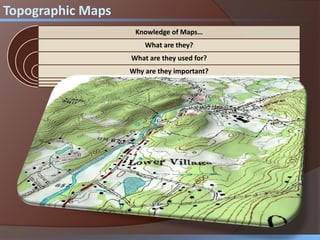 Knowledge of Maps…
What are they?
What are they used for?
Why are they important?
Topographic Maps
 