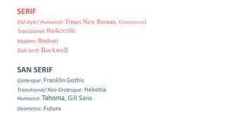 SERIF
Old style/ Humanist: Times New Roman, Garamond
Transitional: Baskerville
Modern: Bodoni
Slab Serif: Rockwell
SAN SERIF
Grotesque: Franklin Gothic
Transitional/ Neo Grotesque: Helvetia
Humanist: Tahoma, Gill Sans
Geometric: Futura
 