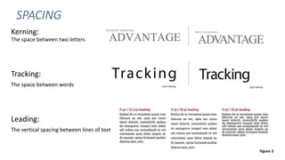 SPACING
Kerning:
The space between two letters
Tracking:
The space between words
Leading:
The vertical spacing between lines of text
 