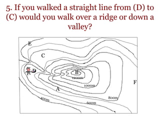 5. If you walked a straight line from (D) to
(C) would you walk over a ridge or down a
valley?
800m
1000m
1200m
A
B
C
D
E
F
600m
 