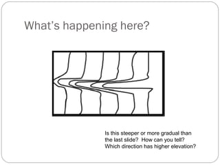 What’s happening here?
Is this steeper or more gradual than
the last slide? How can you tell?
Which direction has higher elevation?
 