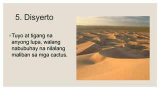 5. Disyerto
◦Tuyo at tigang na
anyong lupa, walang
nabubuhay na nilalang
maliban sa mga cactus.
 