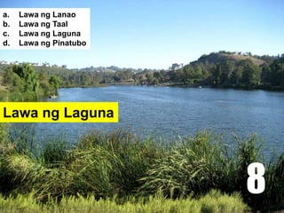 Lawa ng Laguna
a. Lawa ng Lanao
b. Lawa ng Taal
c. Lawa ng Laguna
d. Lawa ng Pinatubo
8
 