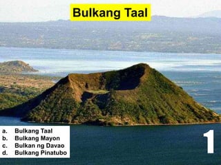 Bulkang Taal
a. Bulkang Taal
b. Bulkang Mayon
c. Bulkan ng Davao
d. Bulkang Pinatubo 1
 