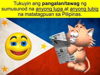 Tukuyin ang pangalan/tawag ng
sumusunod na anyong lupa at anyong tubig
na matatagpuan sa Pilipinas.
 