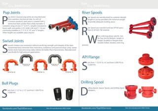 Pup Joints
facebook.com/TopOilServices New, Re-manufactured, OEM, Similar
S
mooth rotation and movement without sacrificing strength and integrity of the steel.
Streamlined bore minimizes flow restrictions, turbulence and pressure drop. Long- sweep
Swivel Joints have extra-long radius elbows for better flow characteristics. Manufactured
specifically for high pressure applications.
Swivel Joints
S
izes from 1-1/2”to 2-1/2”, and from 1,000 PSI to
15,000 PSI.
Bull Plugs
Riser Spools
facebook.com/TopOilServices New, Re-manufactured, OEM, Similar
S
izes from 1-13/16”to 16”, and from 5,000 PSI to
15,000 PSI.
API Flange
D
rilling Spools, Spacer Spools, and Drilling Spool
Adapters.
Drilling Spool
P
up Joints Crossover pup joints are manufactured
from seamless mechanical tube. As with all
Crossover products, each piece is marked with a
distinctive heat number that is fully traceable. A
complete range of sizes (1″ to 4.5″), weights (standard or
heavy wall), and grades (J-55, N-80, L-80, and P-110) are
commonly available in 2”, 3”, 4”, 6”, 10”, and 12”lengths.
Other lengths are available upon request
R
iser Spools are manufactured to customer desired
length or can be provided with minimum length
to provide adequate working space.
R
iser Spools are manufactured per API 6A specs
from 4130 H2S 75K material.
W
hen ordering, please specify: Size
for Top, Size for Bottom, Length or
height, Studded or flanged ends,
Double Drilled, Stainless steel ring
grooves
 