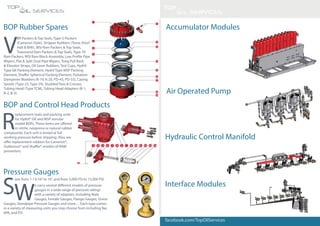 V
BR Packers & Top Seals, Type U Packers
(Cameron Style), Stripper Rubbers (Texas Short
Hall & BIW), WSI Ram Packers & Top Seals,
Townsend Ram Packers & Top Seals, Type 70
Ram Packers, WSI Ram Block Assembly, Low Profile Pipe
Wipers, Flat & Split Dual Pipe Wipers, Tong Pull Back
& Elevator Straps, Oil Saver Rubbers, Test Cups, Hydril
Type GK Packing Element, Hydril Type MSP Packing
Element, Shaffer Spherical Packing Element, Pulsation
Dampener Bladders (K-10, K-20, PD-45, PD-55), Casing
Spools (Type 22, Type 29), Studded Tees & Crosses,
Tubing Head (Type TCM), Tubing Head Adapters (B-1,
B-2, B-3).
BOP Rubber Spares
R
eplacement seals and packing units
for Hydril® GK and MSP annular
model BOPs. These items are offered
in nitrile, neoprene or natural rubber
compounds. Each unit is tested at full
working pressure before shipping. Also, we
offer replacement rubbers for Cameron®,
Guiberson® and Shaffer® models of RAM
preventers.
BOP and Control Head Products
S
izes from 1-13/16”to 16”, and from 5,000 PSI to 15,000 PSI.
W
e carry several different models of pressure
gauges in a wide range of pressure ratings
with a variety of adapters, including Male
Gauges, Female Gauges, Flange Gauges, Union
Gauges, Standpipe Pressure Gauges and more… Each type comes
in a variety of measuring units you may choose from including Bar,
kPA, and PSI
Pressure Gauges
Accumulator Modules
facebook.com/TopOilServices
Air Operated Pump
Hydraulic Control Manifold
Interface Modules
 