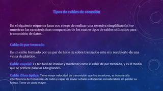 Tipos de cables de conexión
En el siguiente esquema (aun con riesgo de realizar una excesiva simplificación) se
muestran las características comparadas de los cuatro tipos de cables utilizados para
transmisión de datos.
Cable de par trenzado

Es un cable formado por un par de hilos de cobre trenzados ente sí y recubierto de una
vaina de plástico.
Cable coaxial Es tan fácil de instalar y mantener como el cable de par trenzado, y es el medio

que se prefiere para las LAN grandes.
Cable fibra óptica Tiene mayor velocidad de transmisión que los anteriores, es inmune a la
interferencia de frecuencias de radio y capaz de enviar señales a distancias considerables sin perder su
fuerza. Tiene un costo mayor.

 
