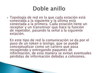  Topología de red en la que cada estación está
conectada a la siguiente y la última está
conectada a la primera. Cada estación tiene un
receptor y un transmisor que hace la función
de repetidor, pasando la señal a la siguiente
estación.
En este tipo de red la comunicación se da por el
paso de un token o testigo, que se puede
conceptualizar como un cartero que pasa
recogiendo y entregando paquetes de
información, de esta manera se evitan eventuales
pérdidas de información debidas a colisiones.
 